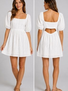 White Eyelet Square-Neck Mini Dress with Puff Sleeves Pockets Lining Medium EUC